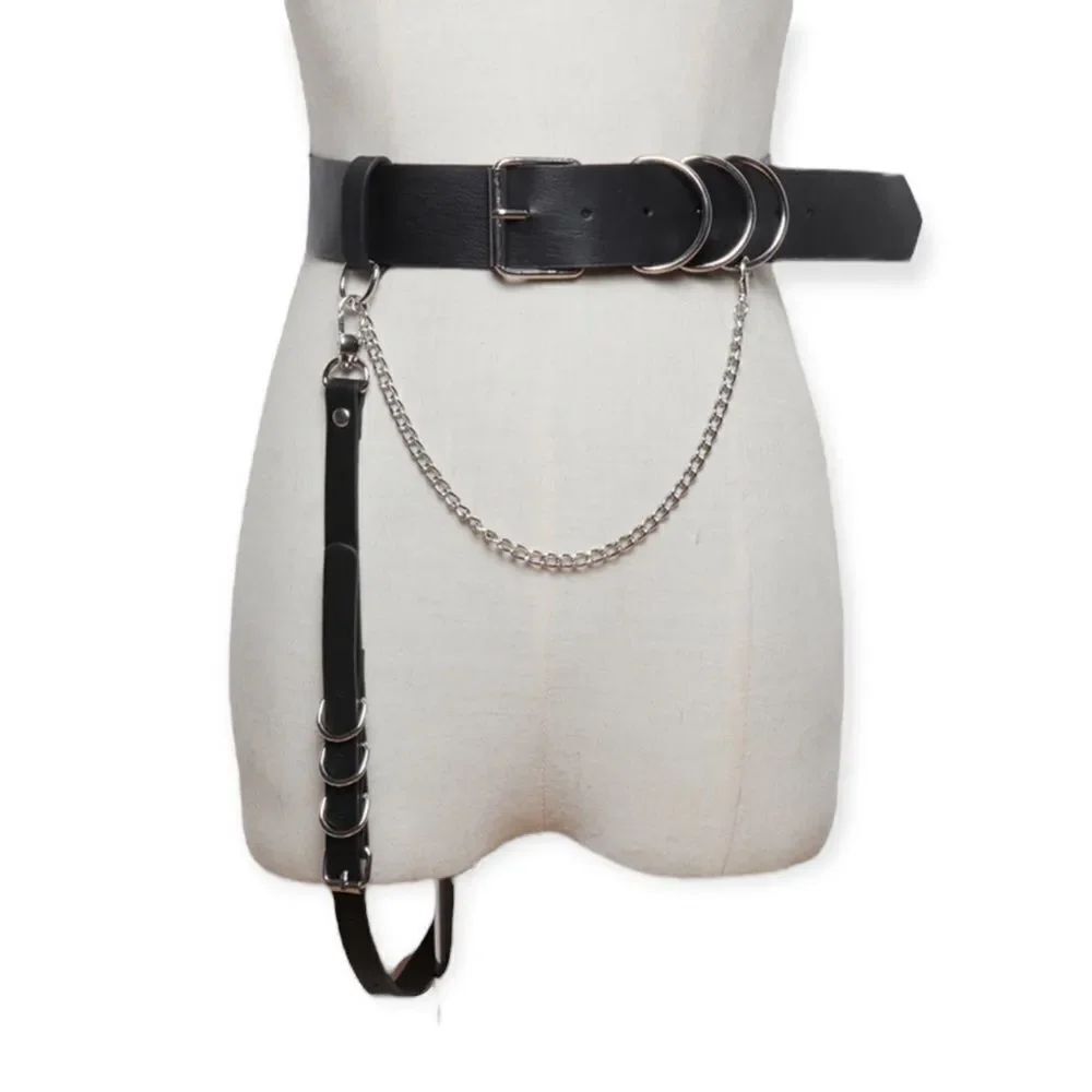 Black Chest Harness Silver Pants Chain Wide Buckle Belt  NWT